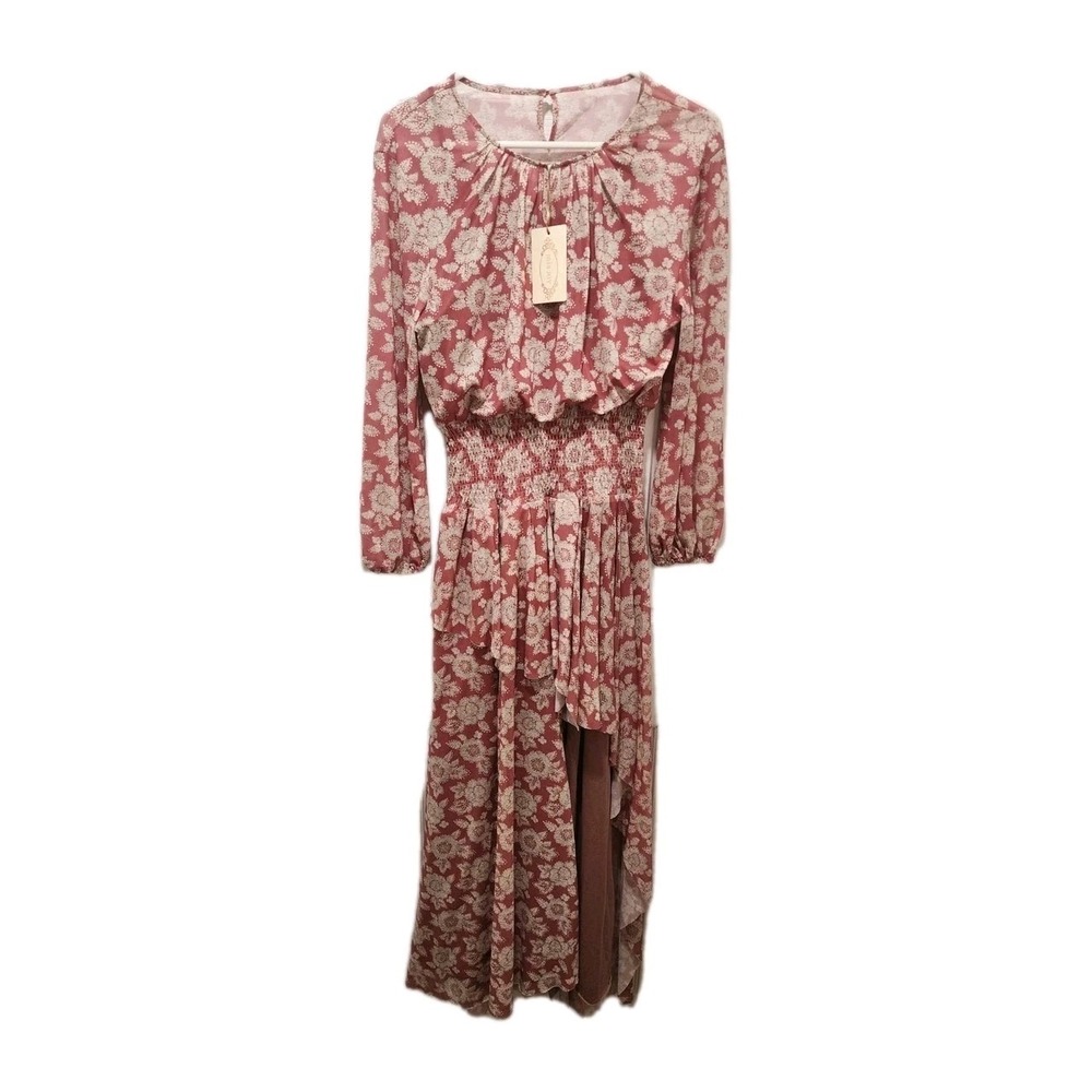 Mia Joy Vella Dress In Rust Floral Sz M High-Low Asymmetrical Side Slit Sleeve